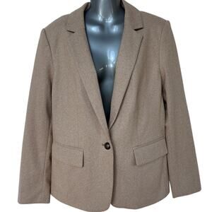 LOFT Blazer Tan White Herringbone Elbow Patch Preppy Jacket Women's Size 12